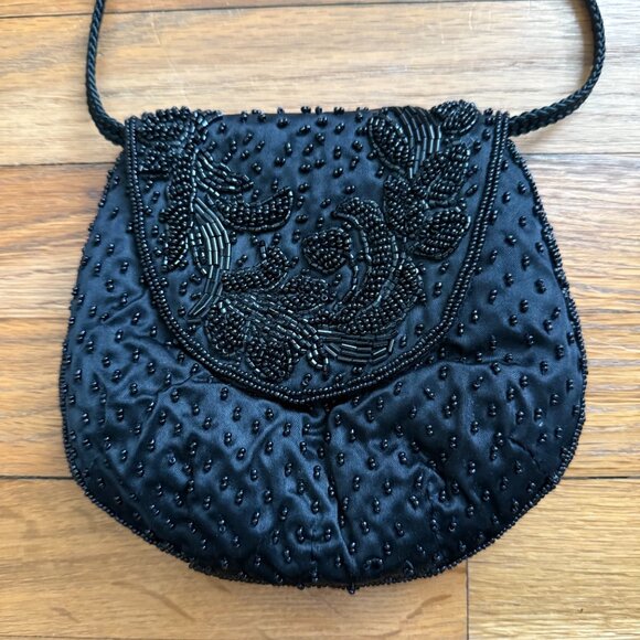 Vintage La Regale Black Beaded Small Mini Purse with Long Shoulder Strap - Picture 2 of 7